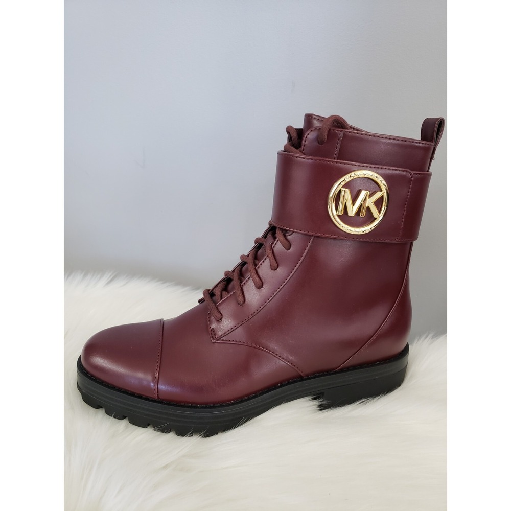NEW Size 7 Michael Kors Tatum Maroon Combat Lace‎ Up Logo plum Boots Burgundy - Picture 2 of 8